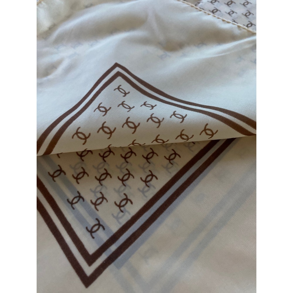 Vintage Style Monogram Square Scarf Beige Brown Blue Striped Border Neck Wrap